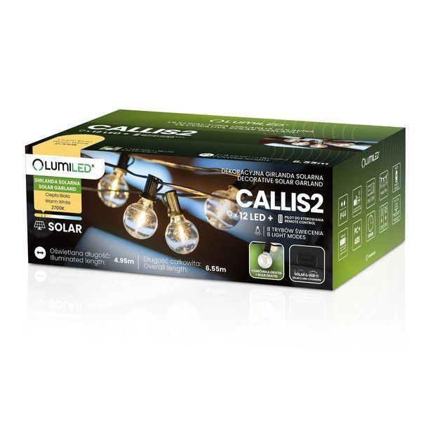 Сонячна садова LED  гірлянда Lumiled CALLIS2 6,55 м, 12 лампочок-кульок, з пультом ДК, зарядка USB-C, тепле світло 2700K, IP44 LUMSOL0035 фото
