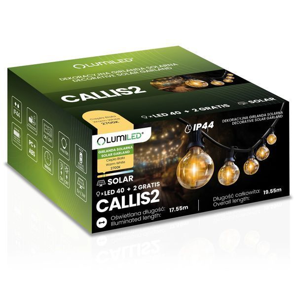 Сонячна садова LED  гірлянда Lumiled CALLIS2 19,55 м, 40 лампочок-кульок, з пультом ДК, зарядка USB-C, тепле світло 2700K, IP44 LUMSOL0050 фото