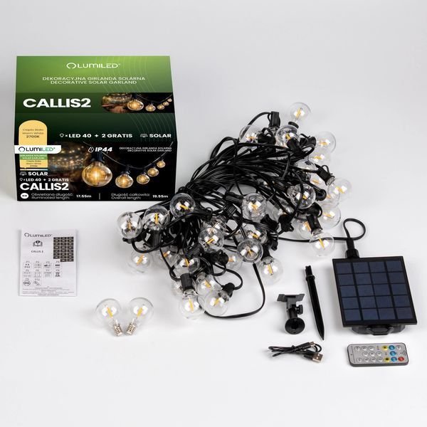 Сонячна садова LED  гірлянда Lumiled CALLIS2 19,55 м, 40 лампочок-кульок, з пультом ДК, зарядка USB-C, тепле світло 2700K, IP44 LUMSOL0050 фото