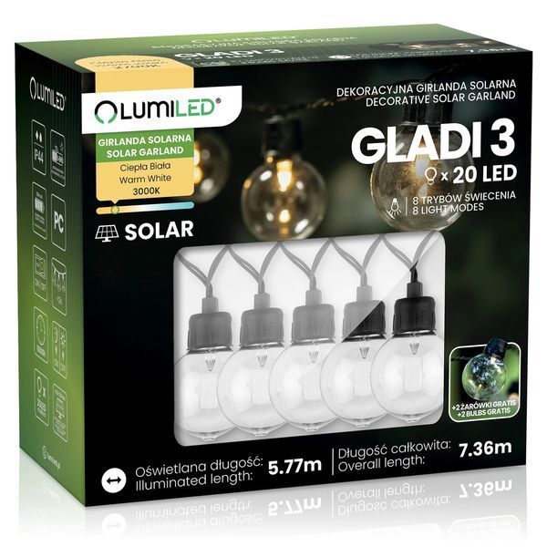 Садова сонячна LED гірлянда Lumiled GLADI 3, 20 лампочок, 7,36м, тепле світло 3000K, IP44 LUMSOL0150 фото