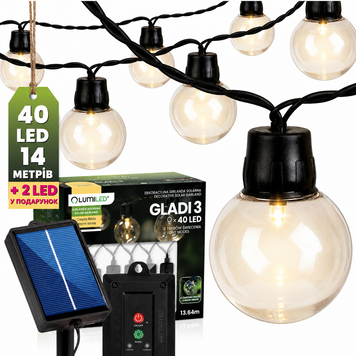 Садова сонячна LED гірлянда Lumiled GLADI 3, 40 лампочок, 13,64м, тепле світло 3000K, IP44 LUMSOL0160 фото