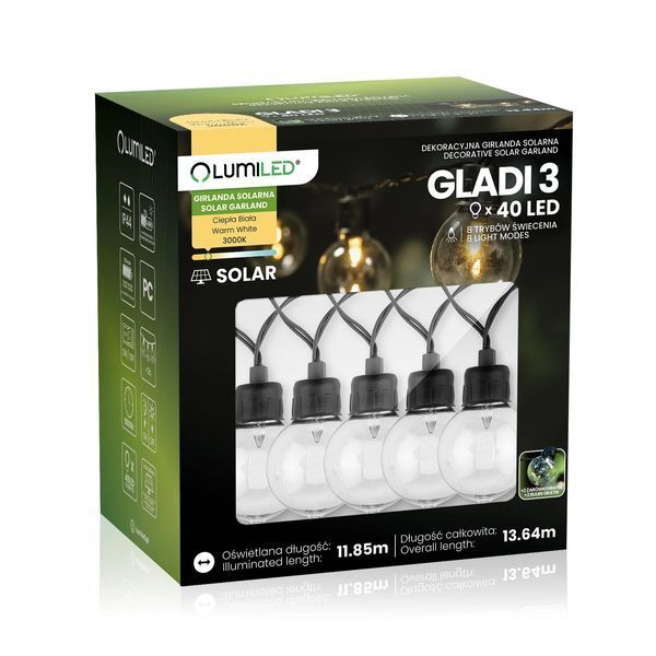 Садова сонячна LED гірлянда Lumiled GLADI 3, 40 лампочок, 13,64м, тепле світло 3000K, IP44 LUMSOL0160 фото