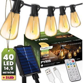 Сонячна гірлянда садова 40 LED-ліхтариків+2шт в подарунок, 14,5 м, тепле світло 2700 K, IP44, з пультом, сонячною та USB-зарядкою, Lumiled Pyris LUMSOL0105 фото