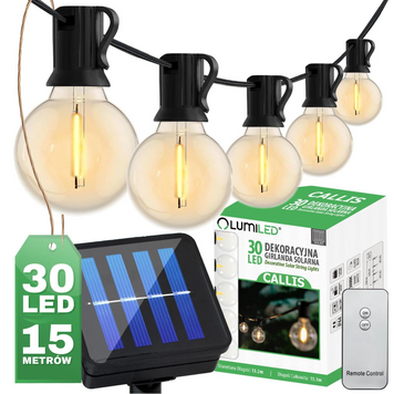 Сонячна гірлянда 30 LED-ліхтариків з пультом, зарядка USB, довжина 15м, тепле світло 2700 K, IP44, Lumiled CALLIS LUMSOL0055 фото