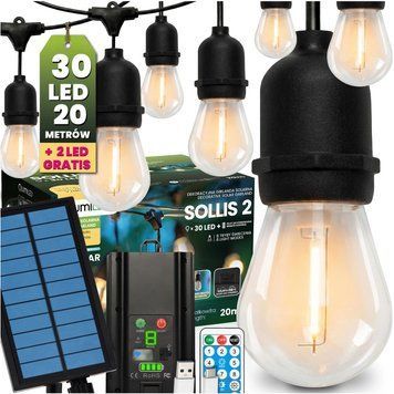 Вулична LED гірлянда на сонячній батареї Lumiled Sollis 2, 20 м, 30 LED лампочок E27, пульт ДК, IP65, USB-C, тепле світло LUMSOL0210 фото
