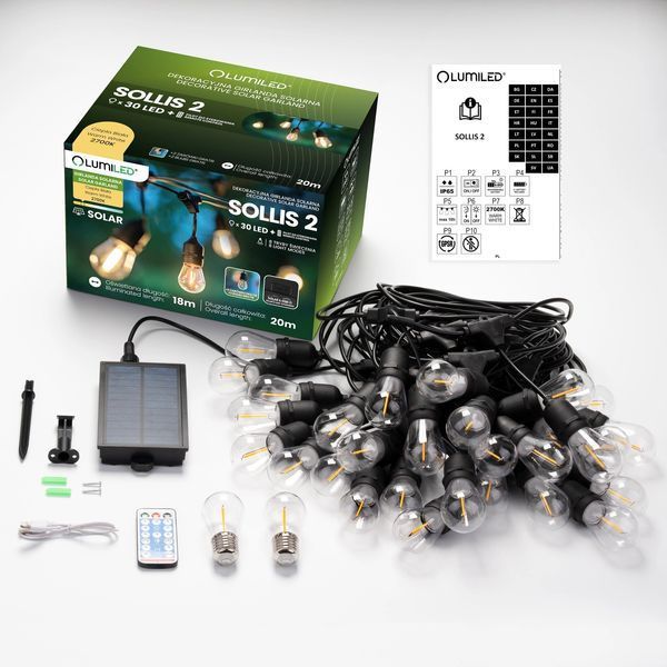 Вулична LED гірлянда на сонячній батареї Lumiled Sollis 2, 20 м, 30 LED лампочок E27, пульт ДК, IP65, USB-C, тепле світло LUMSOL0210 фото