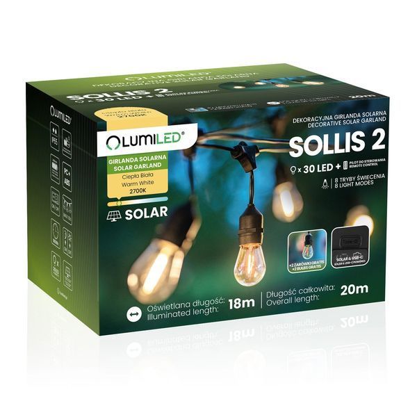 Вулична LED гірлянда на сонячній батареї Lumiled Sollis 2, 20 м, 30 LED лампочок E27, пульт ДК, IP65, USB-C, тепле світло LUMSOL0210 фото