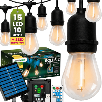 Сонячна садова LED-гірлянда Lumiled SOLLIS 2, 10,4 м, 15 ламп, пульт ДК, USB-C, тепле світло 2700K, IP65 LUMSOL0200 фото