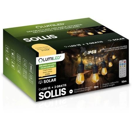 Сонячна садова LED-гірлянда Lumiled SOLLIS 2, 10,4 м, 15 ламп, пульт ДК, USB-C + адаптер 230В, тепле світло 2700K, IP65 LUMSOLZES01 фото