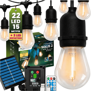 Сонячна садова LED-гірлянда Lumiled SOLLIS 2, 15 м, 22 лампи, пульт ДК, USB-C, тепле світло 2700K, IP65 LUMSOL0205 фото