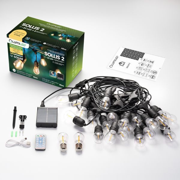 Сонячна садова LED-гірлянда Lumiled SOLLIS 2, 15 м, 22 лампи, пульт ДК, USB-C, тепле світло 2700K, IP65 LUMSOL0205 фото
