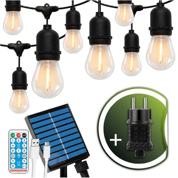 Сонячна садова LED-гірлянда Lumiled SOLLIS 2, 15 м, 22 лампи, пульт ДК, USB-C + адаптер 230В, тепле світло 2700K, IP65 LUMSOLZES02 фото