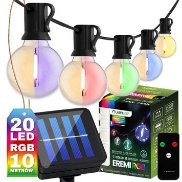 Світлодіодна сонячна RGB гірлянда 20 LED лампочок G50, 10.6м, RGB+теплий білий, пульт ДУ, Lumiled Eremi LUMSOL0017 фото