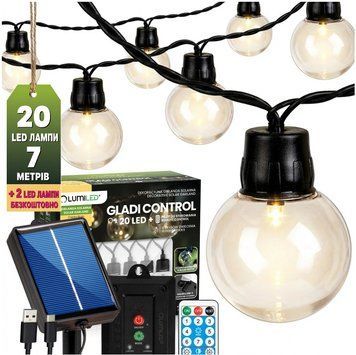 Сонячна садова LED гірлянда Lumiled GLADI CONTROL 7,36 м, 20 ліхтариків, з пультом ДК, зарядка USB-C, тепле світло 3000K, IP44 LUMSOL0170 фото