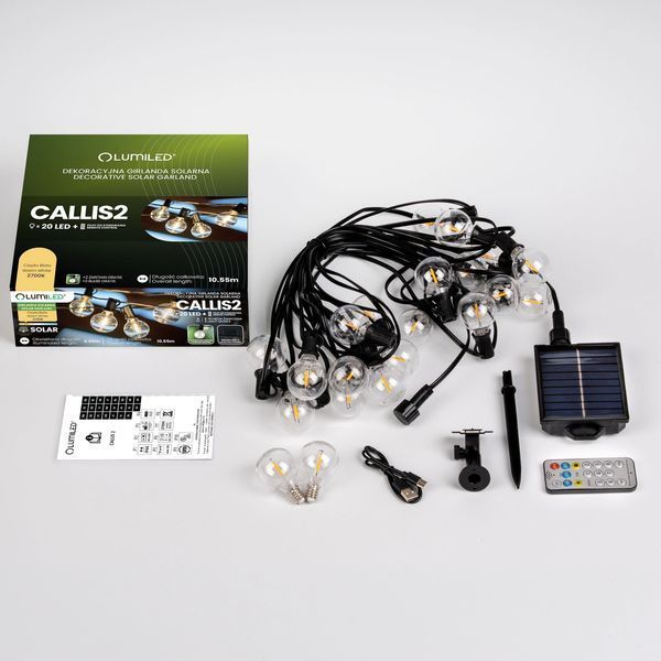 Солнечная садовая LED гирлянда Lumiled CALLIS2 10,55 м, 20 лампочек-шариков, с пультом ДУ, зарядка USB-C, теплый свет 2700K, IP44 LUMSOL0040 фото