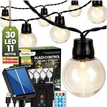 Сонячна садова LED гірлянда Lumiled GLADI CONTROL 10,6 м, 30 ліхтариків, з пультом ДК, зарядка USB-C, тепле світло 3000K, IP44 LUMSOL0175 фото