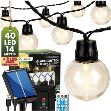 Сонячна садова LED гірлянда Lumiled GLADI CONTROL 13,64 м, 40 ліхтариків, з пультом ДК, зарядка USB-C, тепле світло 3000K, IP44 LUMSOL0180 фото